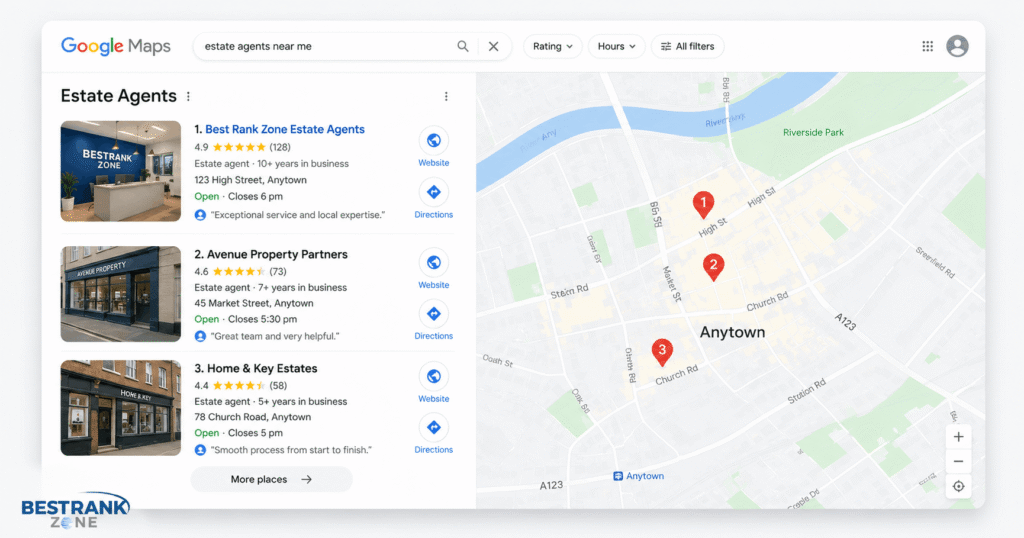 Real estate agency local SEO map pack ranking strategy showing Google Business Profile optimisation